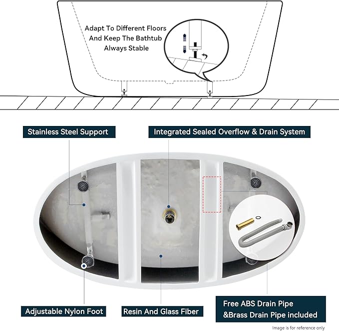 FerdY Tahiti 55" Acrylic Freestanding Bathtub, Elegant Oval Shape Soaking Bathtub, Glossy White, Polished Gold Drain & Integrated Slotted Overflow Assembly Included cUPC Certified
