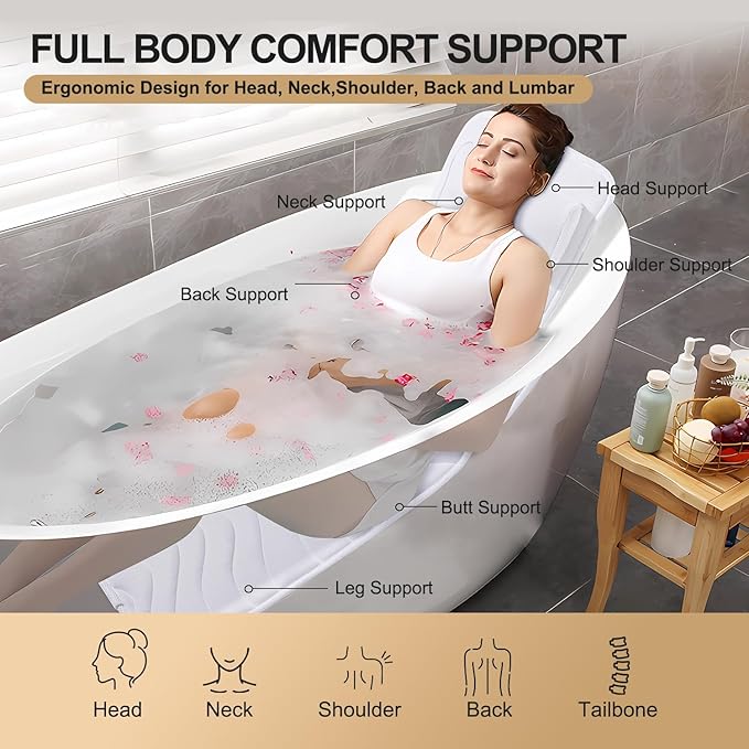 Full Body Bath Pillow for Bathtub, Non-Slip Bath Pillows for Tub, Spa Bathtub Pillow Cushion for Headrest Neck Shoulder and Back Rest Support，Relaxation Spa Accessories-50 x 15" (White)