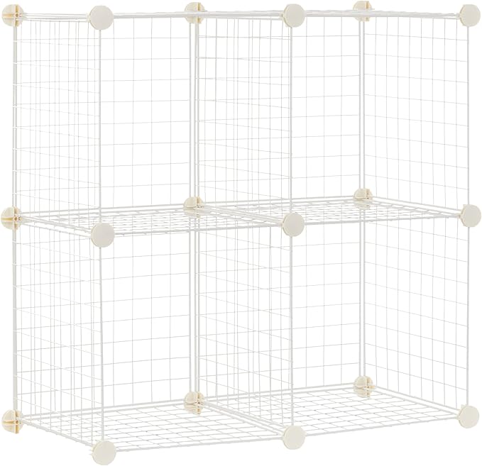 Amazon Basics 4 Cube Storage Organizer - Wire Grid Closet and Storage Shelves, Stackable, White 14"x14"x14"