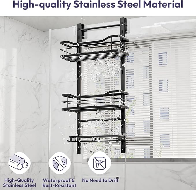 SWTYMIKI Over the Door Shower Caddy - 3 Tier Adjustable Shower Organizer Hanging with Soap Holder, No Drilling Stainless Steel Bathroom Rack Hanging for Body Wash, Shampoo, Soap, Razor, Black