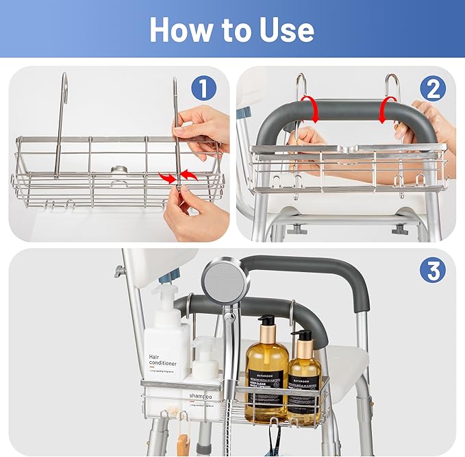 YUOROS Shower Caddy Hanging, 304 Stainless Steel Shower Organizer Rack for Shower Chair Bench for Elderly Seniors Disabled Handicap