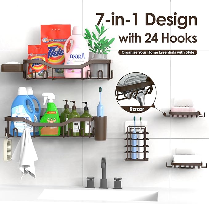 Shower Caddy Adhesive Shower Organizer 7-Pack, Rustproof Stainless Steel Bathroom Shelves, Large Capacity No-Drill Rack Storage Accessories with Soap Dish Toothbrush Holder Hooks (Brown)