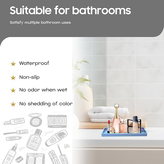 Vanity and Bathroom Tray, 7.7" ABS Countertop Organizer,Waterproof Vanity Tray for Toilet Tank,Perfume,Soap,Keys,Bathroom Accessories,Kitchen and Bath Trays,Non Slip Small Trays,Blue