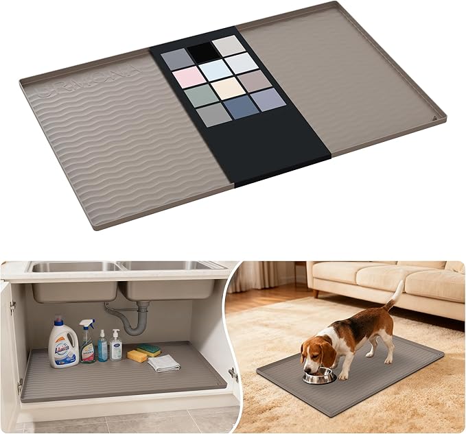 URMONA Waterproof Silicone Under Sink Mat 34'' x 22'' Shelf Liner for Kitchen and Bathroom, Cabinet and Counter Protector, Storage and Organizers, Litter Mat, Pet Cat Puppy Essentials(Beige)