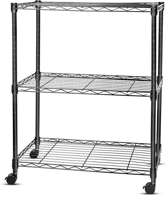 Whitmor 3 Tier Storage Shelves, Heavy Duty with Wheels, Adjustable Wardrobe Rack, 400 lbs Capacity per Shelf, Max 1200 lbs Total for Kitchen, Bathroom, Garage, 24" L x 14" W x 30.5" H, Black