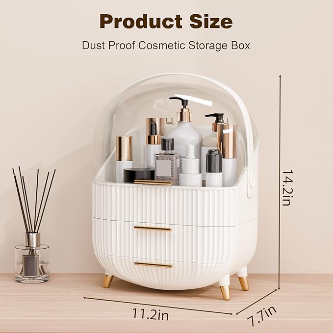 Makeup Organizers and Storage, Make up Organizer for Vanity Cosmetics Skincare Organizers With Lid and Drawers Display Cases for Countertop（White）