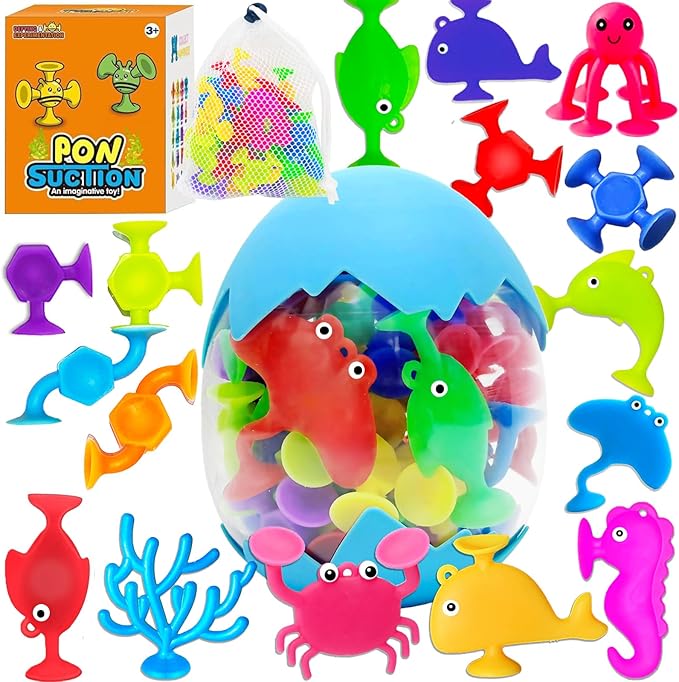 32PCS Suction Cup Bath Toys for Kids Ages 1-3 Ocean Animal Suction Bath Toys with Eggshell Storage No Hole Mold Free Bathtub Toys Party Favor Classroom Prize Water Table Toys 4 5 6 Year Old Boys Girls
