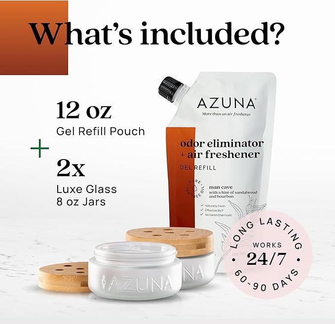 Azuna Air Freshener & Odor Eliminator for Strong Odor | 2 Room Kit Includes (2) Empty Luxe Glass Jar & 12oz Gel Refill with Tea Tree Essential Oil | Sandalwood Scent | Last 60-90 Days