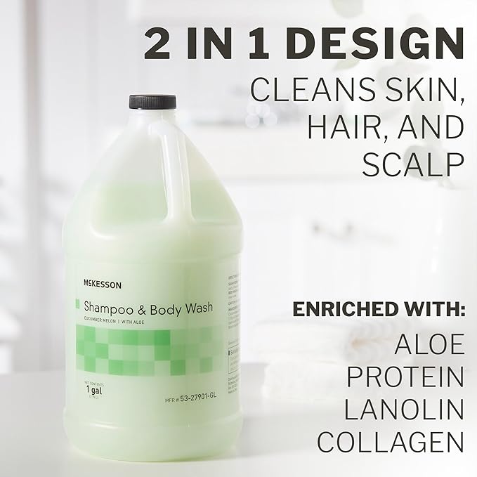 McKesson Body Wash and Shampoo [4 Count] - 1  Gallon Bulk Refill Full Body Wash with Aloe, Cucumber Melon Scent - Sensitive Skin & Hair 2‑in‑1