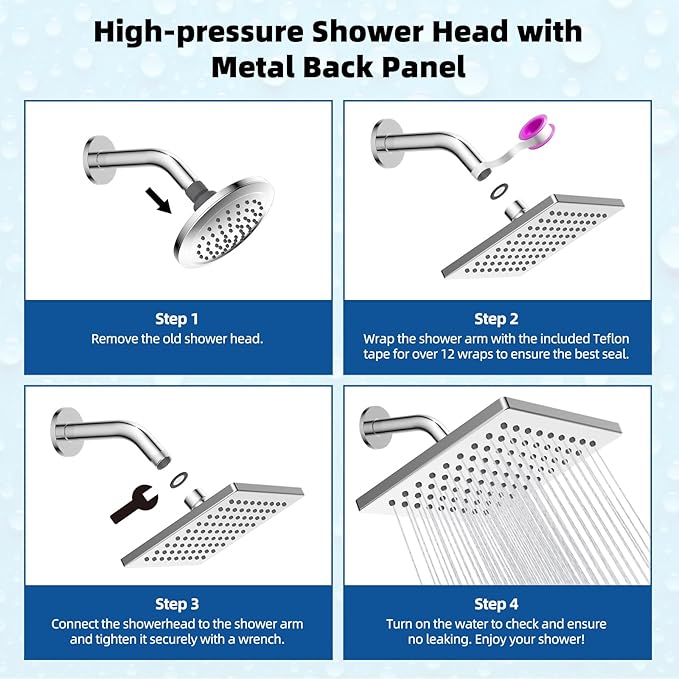 Hibbent Thickness Metal Rain Shower Head, 6 Inch High Pressure Rainfall Shower Head, Square Bathroom Waterfall Shower Heads, High Flow Fixed Showerheads with Adjustable Brass Ball Joint, Chrome