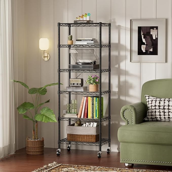 SINGAYE 6 Shelf Storage Wire Shelves Closet Bathroom Organizers Metal Pantry Kitchen Small Garage Shelving Unit Laundry Room Organization Home Narrow Rack Net Basket with Wheels Black
