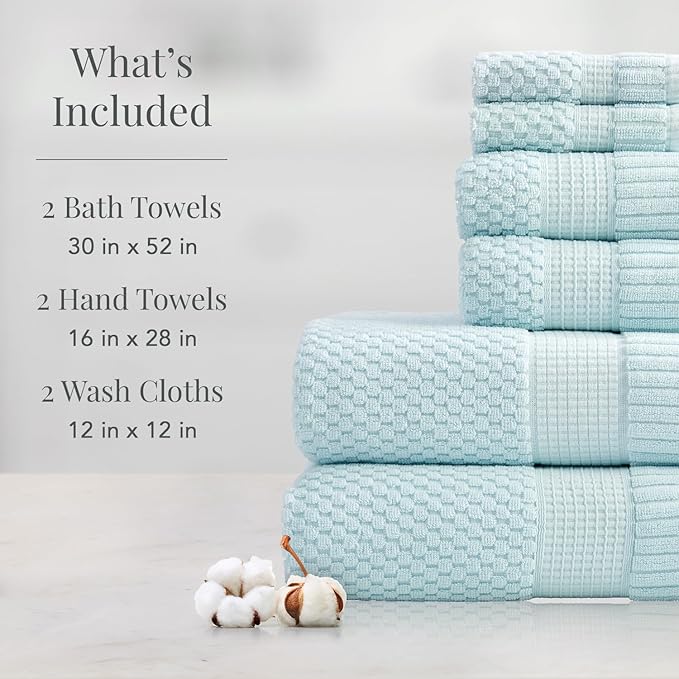 NY Loft 100% Cotton Towel Set 6 Piece | Super Soft & Absorbent Quick-Dry 2 Bath Towels 2 Hand Towels & 2 Washcloths |Textured and Durable Cotton | Trinity Collection (6 Piece Set, Seafoam)