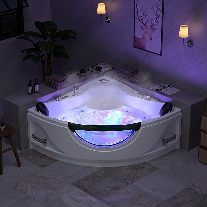 Empava 59" Corner Whirlpool Bathtub for 2-Person, Luxury Jetted Spa Tub with 10 Hydro Massage Jets, Built-In Heater, Chromatherapy LED Lights & Constant Heat System, ETL Certified Acrylic Tub