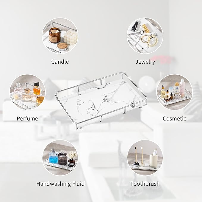 Vanity Tray Makeup Organizer Cosmetics Storage Bathroom Skincare Organizer Countertop Display Rack in Dresser Stainless Steel Shelf Marble Print Ceramic Trays