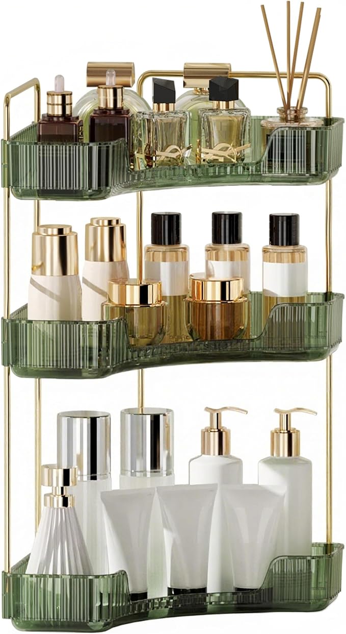 YCIA&DONE Corner Bathroom Counter Organizer, Makeup Organizer for Vanity, Skincare Cosmetic Perfume Tray, Corner Countertop Shelf Rack Storage for Bathroom Kitchen 3 Tiers (Vintage Green)