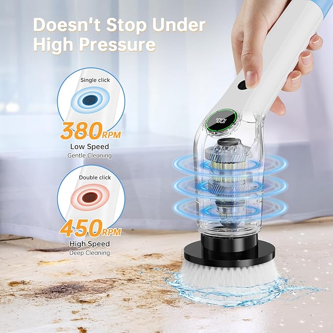 Electric Spin Scrubber, Cordless Shower Scrubber with 8 Scrub Brush, 2 Speed with Adjustable Extension Handle, Battery Level Display, Power Scrubber for Bathroom Bathtub Tile Floor, White