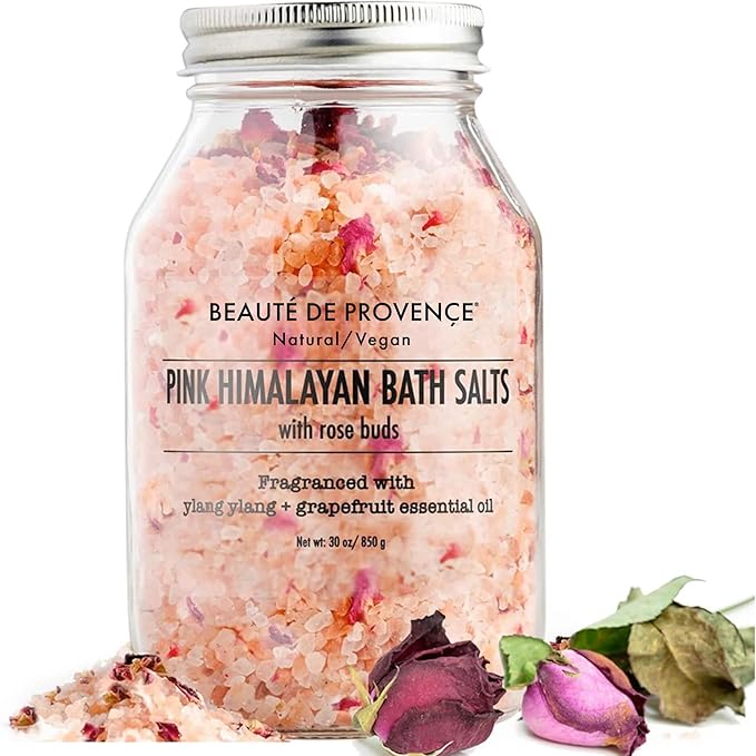 Beaute DE Provence Pink Himalayan Bath Salt with Rose Petals - 100% Natural Aromatherapy & Relaxation - Ylang Grapefruit Essential Oil Bath Salts for Women - Cruelty-Free, Revitalize & Soothes Skin
