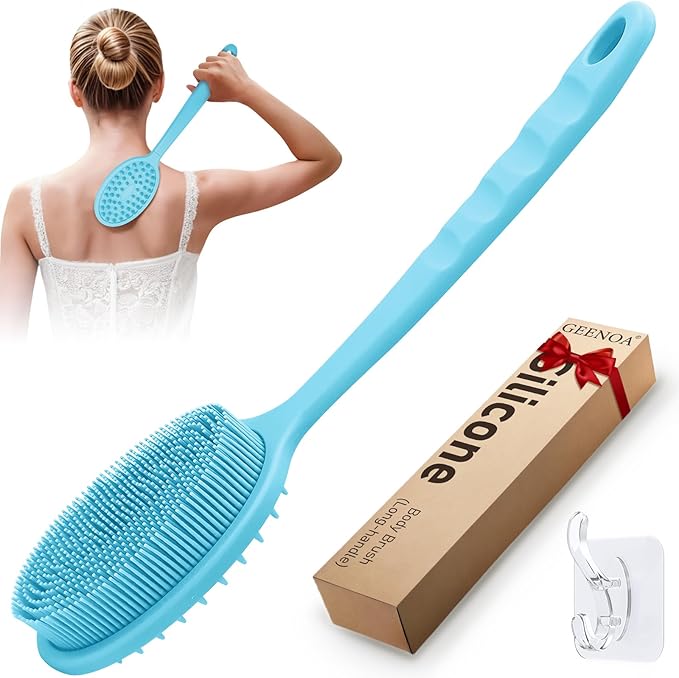 Silicone Back Scrubber for Shower, Soft Silicone Loofah with Handle, Gentle Exfoliating Back Scrubber, Back Brush Bath Brush with Dual-Side & Detachable Brush Head(Blue)