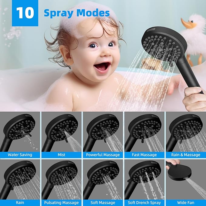Hibbent Upgraded 5-spray 13'' Dual Filtered Rainfall Shower Head Combo, High Pressure 10-setting Handheld Shower Head with 12'' Adjustable Extension Arm, 20 Stage Shower Filter, 71'' Hose, Matte Black