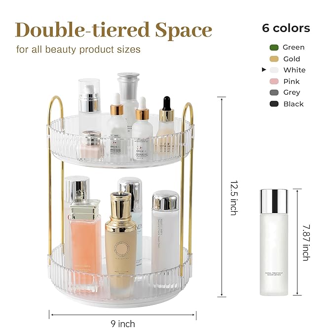 Rotating Makeup Organizer for Vanity, Skincare Make Up Storage Perfume Organizers for bathroom countertop, Clear Cosmetic Organizer for Dresser, Lipstick Hair product Spinning Stand Organizer (2 Tier,