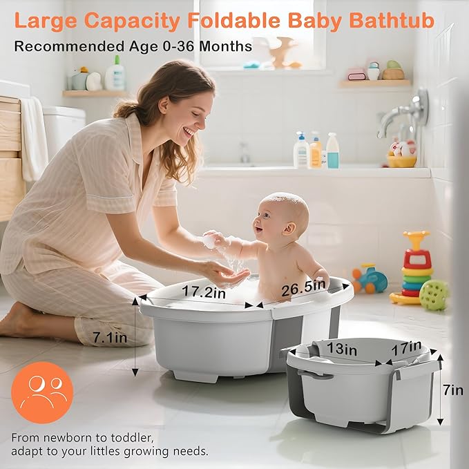 Collapsible Baby Bathtub - Large Baby Bath Tub with Thermometer & Cushion | Travel Portable Newborn Infant Bathtub | Foldable Toddler Bathtub for Baby 0 to 36 Months (Grey)
