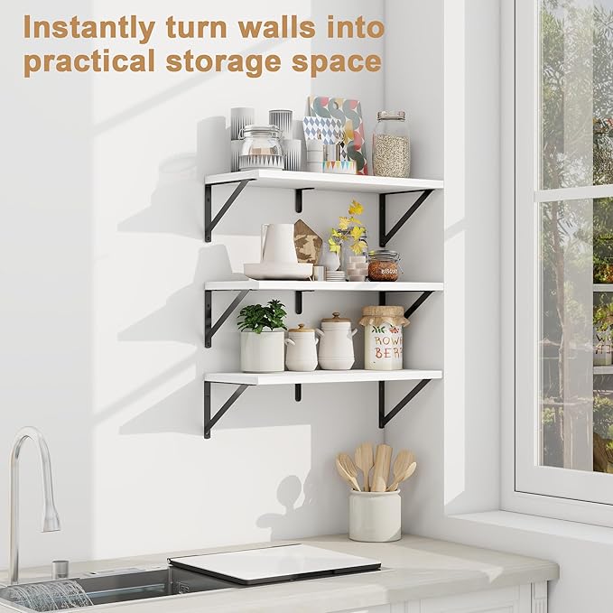 Fun Memories Floating Bookshelves, Set of 3 Wall-Mounted Wood Shelves 24" W x 8" D, Decorative Wall Shelf for Living Room, Bedroom, Bathroom, and Laundry Room (White)