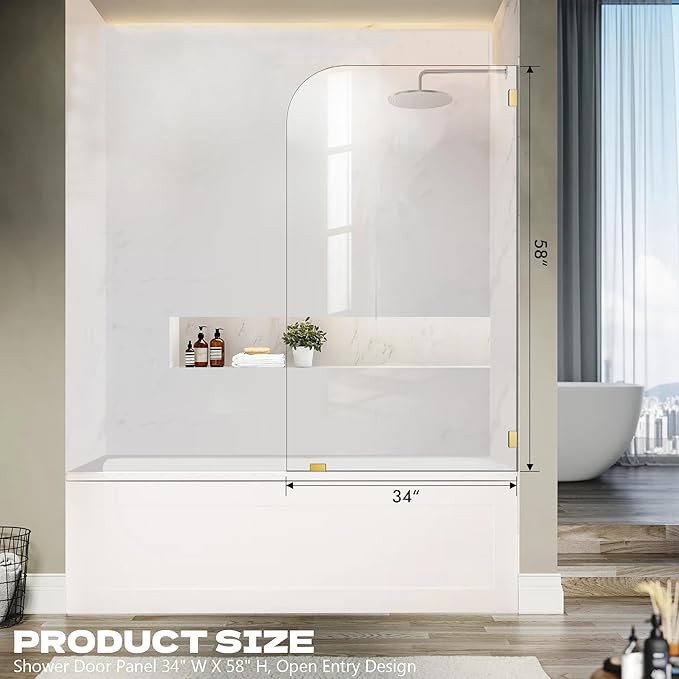 Frameless Bathtub Shower Door, 34" W X 58" H Single Fixed Bath Panel with Clamps, 1/4"(6mm) Clear Tempered Glass Bathroom Shower Screen, Bathtub Glass Panel in Brushed Gold