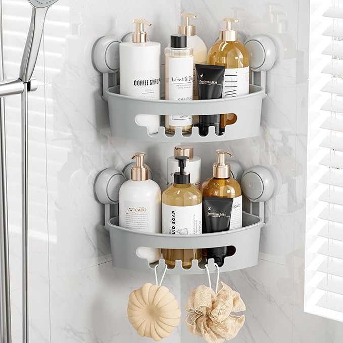 TAILI Suction Corner Shower Caddy, Bathroom Shower Shelf Storage Basket Wall Mounted Organizer for Shampoo, Conditioner, Plastic Rack for Kitchen & Bathroom, Drill-Free Removable (2 Pack)-Grey