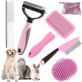 Dog Brush for Shedding,6 PCS in One Pet Slicker Hair Brush Kit Organizer Bag - Dog Cat Grooming Deshedding Undercoat Rake Brush Comb for All Small Large Dogs Cats Pink