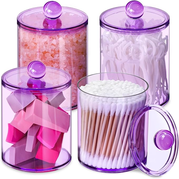 4 Pack Qtip Holder,Canister Apothecary Jar Set, Bathroom Jars with Lids Set for Cotton Swabs, Balls, Pads, Floss Picks,10oz-12oz Plastic Canisters Restroom Bedroom Vanity Organizer(Purple)