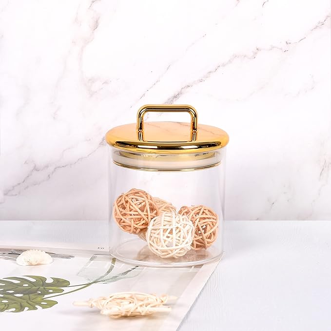 16 oz Small Acrylic Storage Apothecary Jar with Gold Airtight Lid | Bathroom Vanity Organizer Containers | Ideal Decorative Canisters for Shells, Bath Salt, Cotton Swabs, Cotton Ball, Flossers