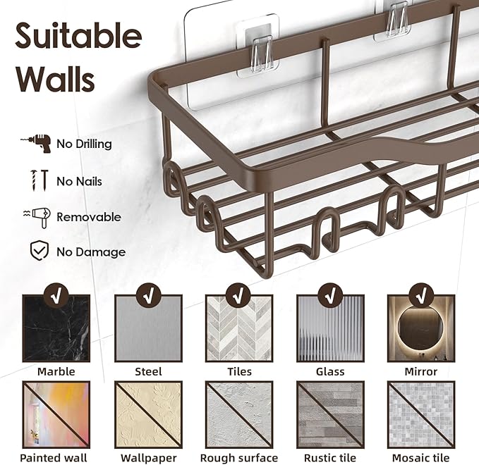 Shower Caddy Adhesive Shower Organizer 7-Pack, Rustproof Stainless Steel Bathroom Shelves, Large Capacity No-Drill Rack Storage Accessories with Soap Dish Toothbrush Holder Hooks (Brown)