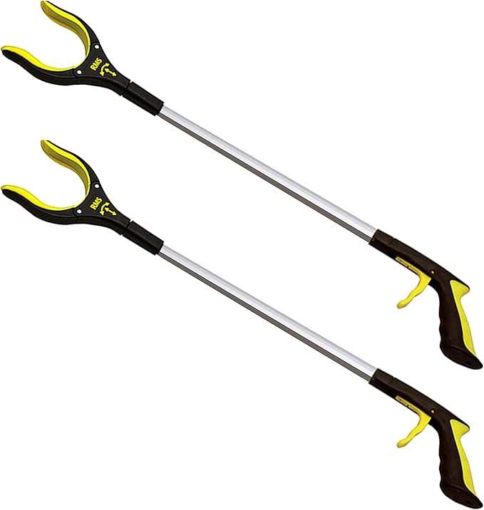 RMS 2-Pack 32 Inch Extra Long Grabber Reacher with Rotating Jaw - Mobility Aid Reaching Assist Tool (Yellow)