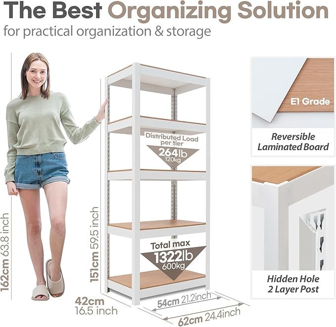 HOMEDANT House 5 Tier Laminated Metal Shelving Unit Adjustable Storage Utility Rack Heavy Duty Shelves Organization Multipurpose Shelf Kitchen Garage Pantry Closet (3, (S) 24.4" W, White)