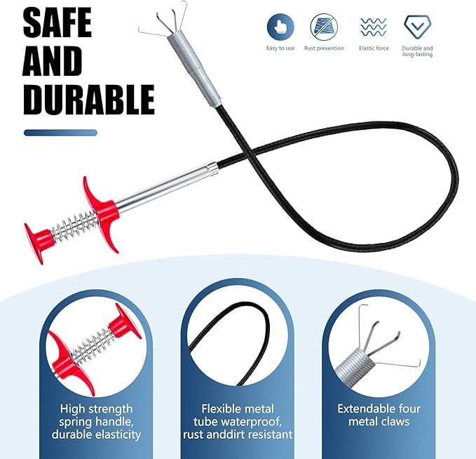 35'' Flexible Grabber Claw (4 Claws), Drain Snake with Tweezers, Bendable Hose Grabber Reacher Tool, Retractable Drain Clog Remover Tool, Pickup Tool for Bath Tub, Toilet, Kitchen Sink & Sewer