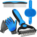 4 Pack Pet Grooming Kit - Deshedding Rake, Fine Tooth Comb, Grooming Gloves & Bath Brush for Dogs,Cats and Horses - Skin Friendly Deshedding Grooming Tool (Blue)