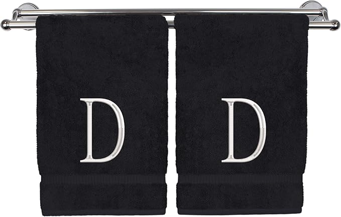 Monogrammed Hand Towel, Personalized Initial Gift, Extra Absorbent 100% Turkish Cotton - Soft Terry Finish - Set of 2 - White Block Initial D - Embroidered on Black Towels