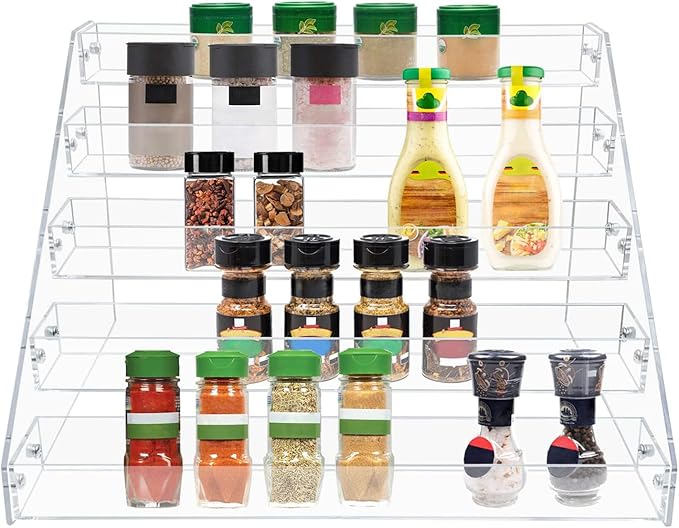 PMMASTO Tiered Spice Rack, Seasoning Organizer, Clear Acrylic Vertical Shelves Can Organizer for Countertop, Cabinet, Pantry, Kitchen Organization and Storage - 5 Tier