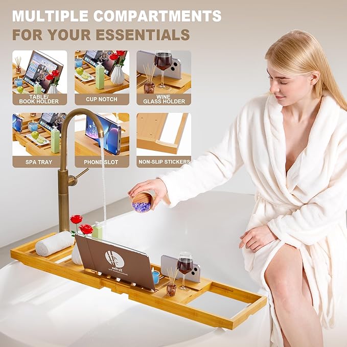Yirilan Bathtub Trays for Tub,Bath Tray, Foldable Bathtub Caddy,Bamboo