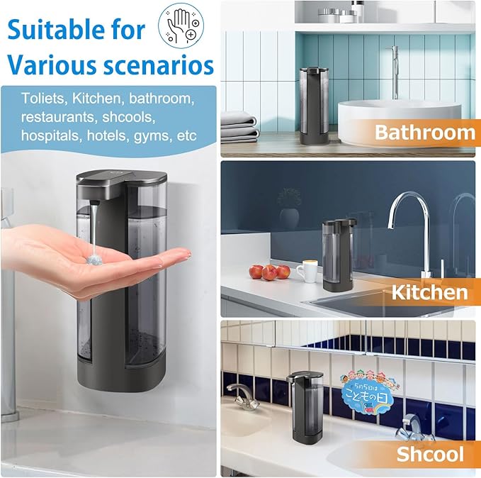Automatic Liquid Soap Dispenser, Rechargeable, Touchless, 17oz/500ml with 4 Adjustable Soap Levels, Wall Mount & Waterproof, Liquid Hand/Dish Soap Dispenser for Bathroom Kitchen
