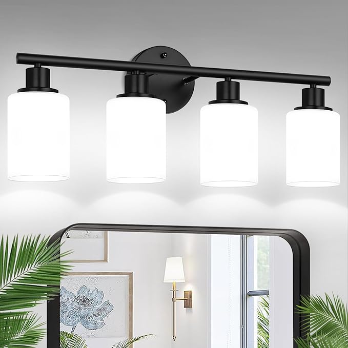 4-Light Bathroom Light Fixtures, Black Modern Vanity Lights with Milky White Frosted Glass Shades, Bathroom Wall Lamp for Mirror Kitchen Living Room