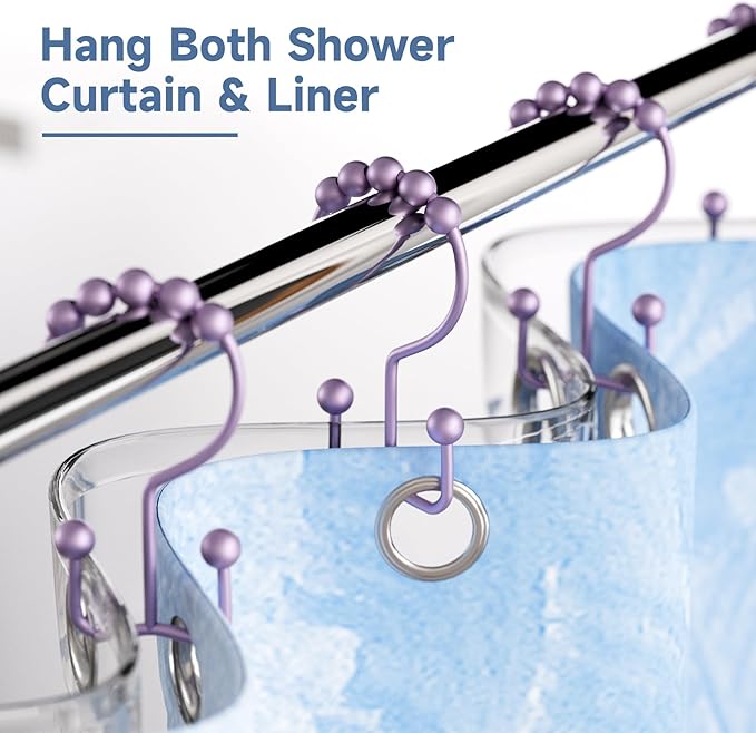 Titanker Shower Curtain Hooks Rings, Rust-Resistant Metal Double Glide Shower Hooks for Bathroom Shower Rods Curtains, Set of 12 Hooks - Greyish-Purple