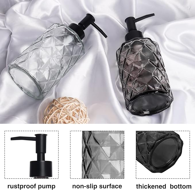 11oz Glass Soap Dispenser with Plastic Pump, Clear & Black Diamond Design Refillable Hand Soap Dispenser for Hand Wash and Dish Wash for Dishwashing Liquid, Lotion Shower Gel