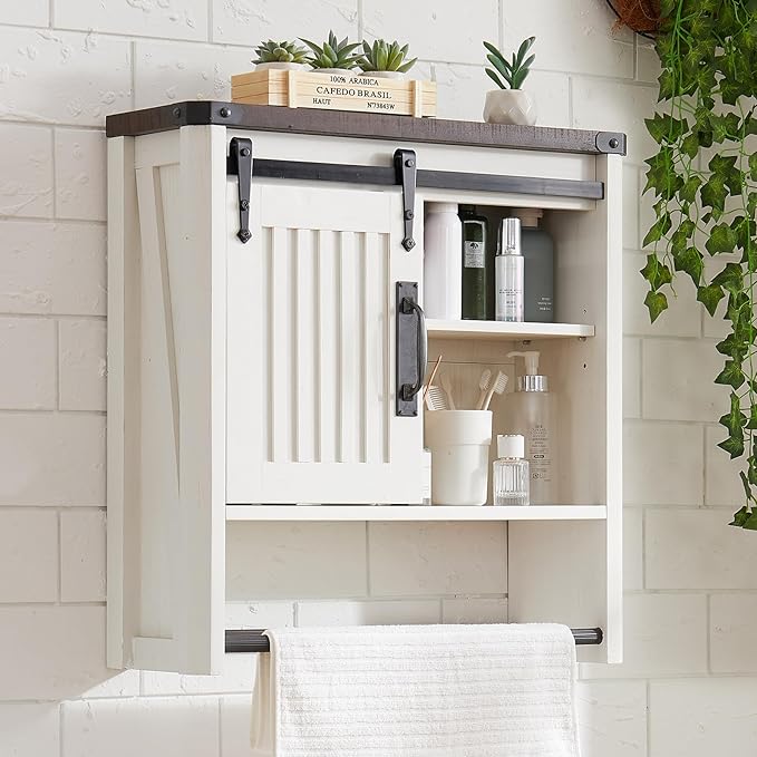 Bathroom Wall Cabinet, Farmhouse Medicine Cabinet with Sliding Barn Door & Adjustable Shelves, Wall Mounted Storage Cabinet for Toilet, Kitchen, Living Room (Antique White)
