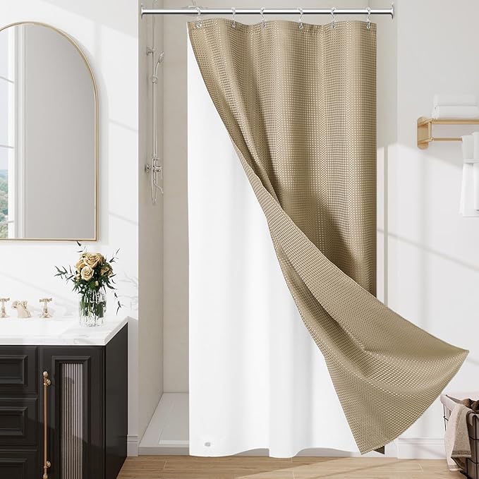 3 in 1 Stall Half Size Beige Shower Curtain Set-36 W x 72 H, Tan Waffle Waterproof Fabric and PEVA Liner Set with Stainless Steel Hooks