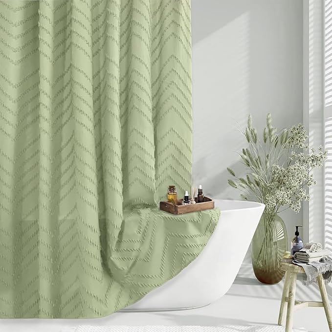 Green Boho Woven Fabric Tufted Chervon Textured Modern Minimalist Neutral Striped Waterproof Shower Curtain 72 x 72 Inches
