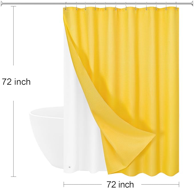 3 in 1 Shower Curtain Set, Yellow Waffle Shower Curtain and PEVA Liner Set with 12 Stainless Steel Shower Curtain Hooks, Waterproof Shower Curtains for Bathroom, 72 W x 72 H