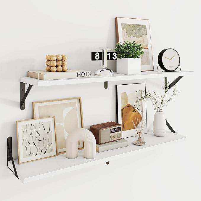 Dreamland White Floating Shelf 36 inch, 36W x 8D Wall Mounted Shelves Set of 2, Wide Display Ledge Shelf with Sturdy Metal Brackets for Living Room, Bathroom, Bedroom and Kitchen