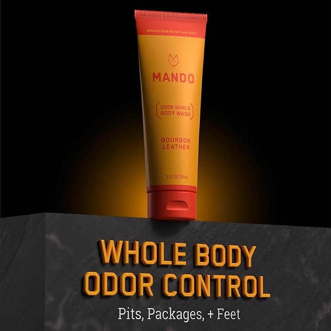 Mando Odor Shield Body Wash - 24 Hour Control - Removes Odor Better than Soap - SLS and Paraben Free, Skin Safe - 8.5 Ounce (Bourbon Leather)