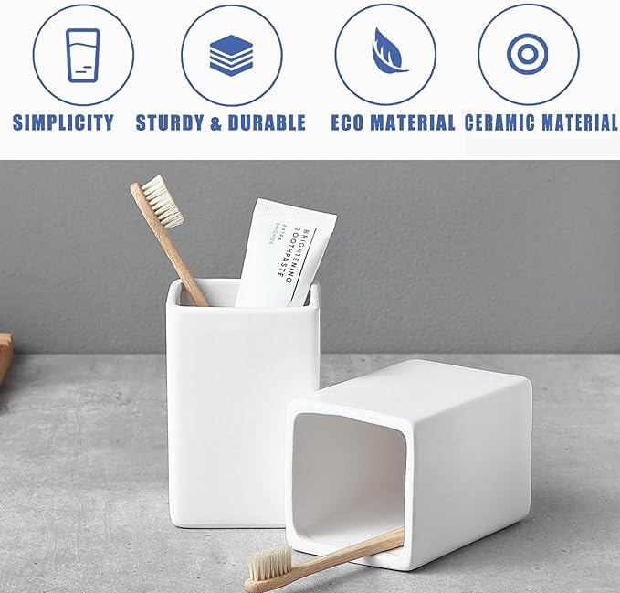 Toothbrush Holders for Bathrooms - 2 Cups Ceramic Square Toothbrush Toothpaste Holders Set, White Square Bathroom Tumbler Cups Reusable Toothbrush Mouthwash Cup, Bathroom Counter Organizer.